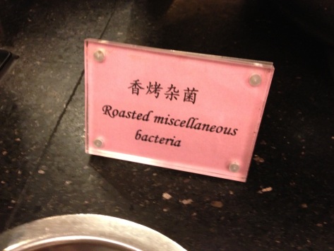 Hotel buffet description. Delicious. (They were supposedly roasted mushrooms). 